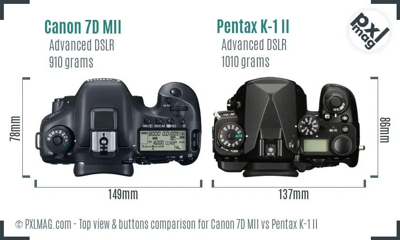Canon 7D MII vs Pentax K-1 II top view buttons comparison