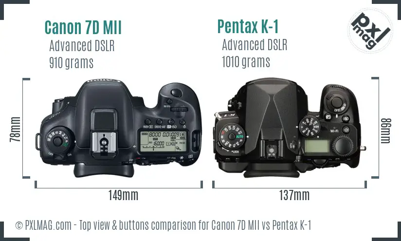 Canon 7D MII vs Pentax K-1 top view buttons comparison