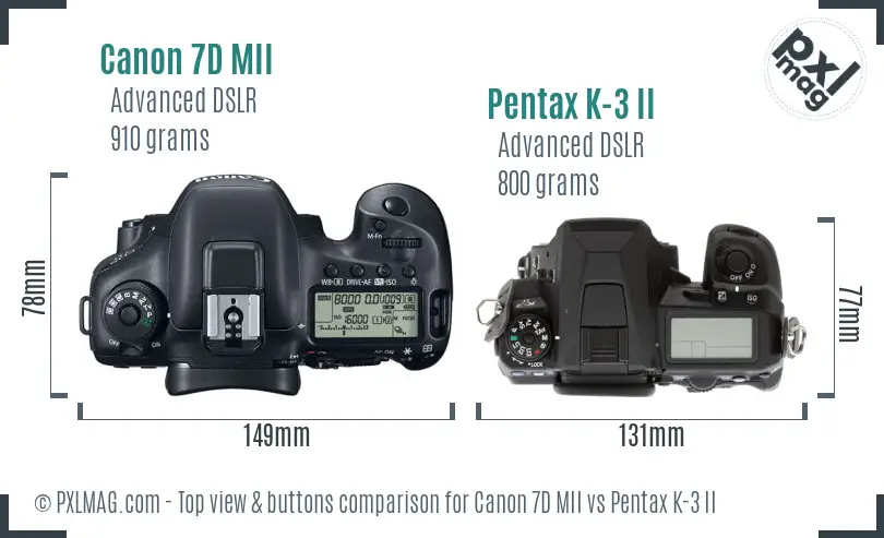 Canon 7D MII vs Pentax K-3 II top view buttons comparison