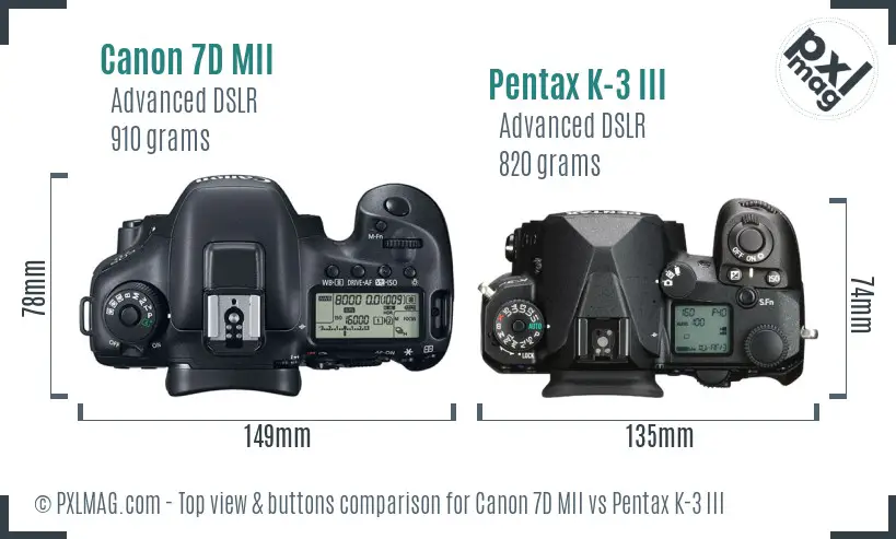 Canon 7D MII vs Pentax K-3 III top view buttons comparison