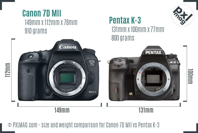 Canon 7D MII vs Pentax K-3 size comparison