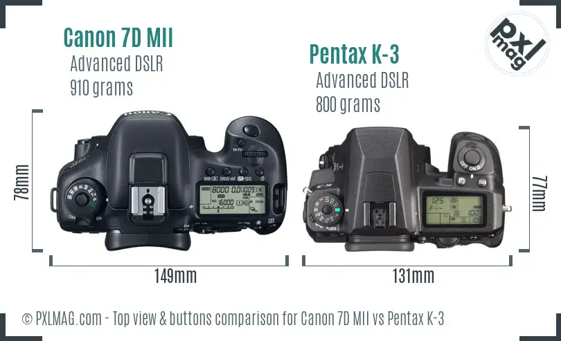 Canon 7D MII vs Pentax K-3 top view buttons comparison