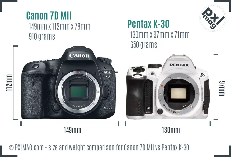 Canon 7D MII vs Pentax K-30 size comparison
