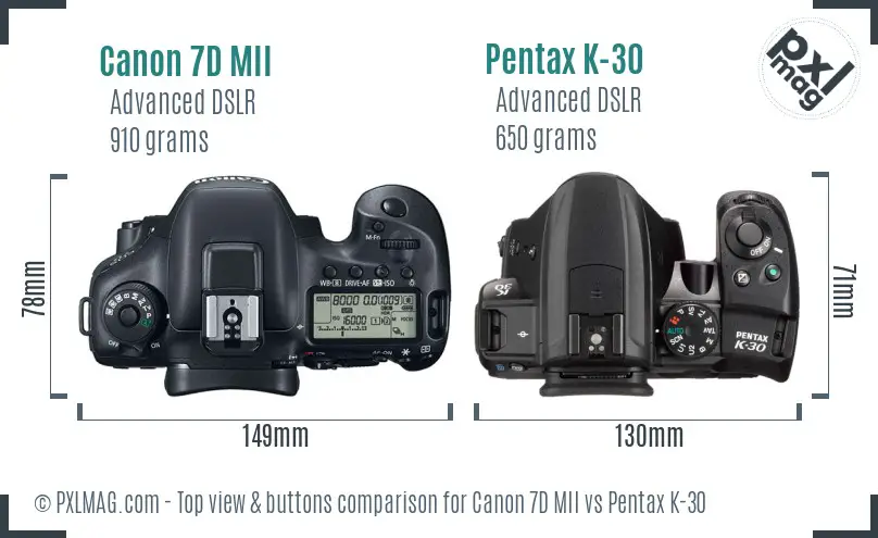 Canon 7D MII vs Pentax K-30 top view buttons comparison