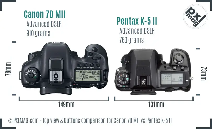 Canon 7D MII vs Pentax K-5 II top view buttons comparison