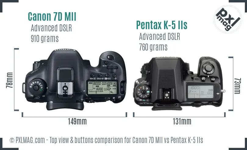 Canon 7D MII vs Pentax K-5 IIs top view buttons comparison