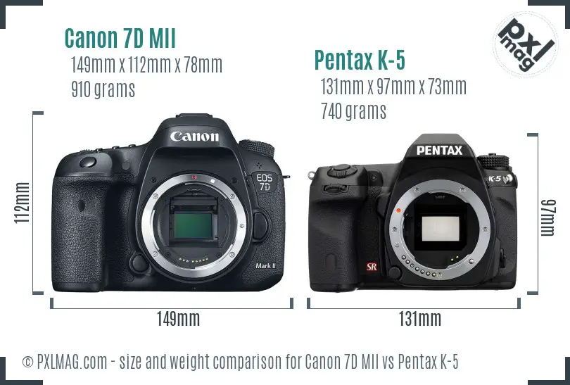 Canon 7D MII vs Pentax K-5 size comparison