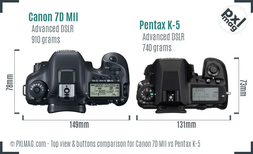 Canon 7D MII vs Pentax K-5 top view buttons comparison