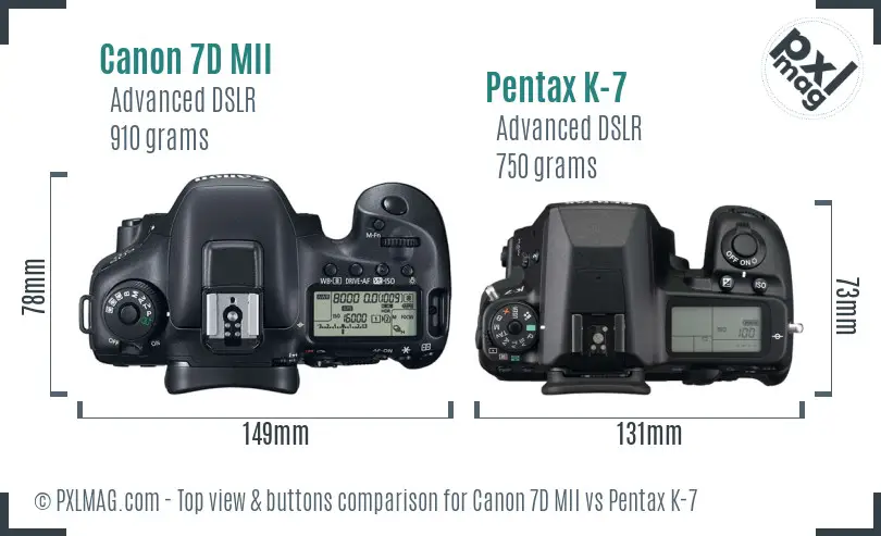 Canon 7D MII vs Pentax K-7 top view buttons comparison
