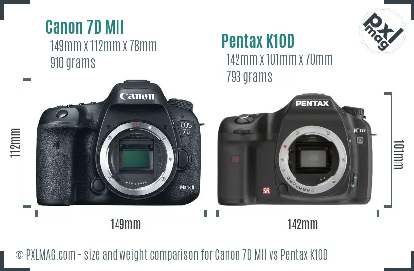 Canon 7D MII vs Pentax K10D size comparison