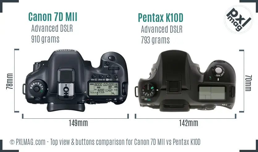 Canon 7D MII vs Pentax K10D top view buttons comparison