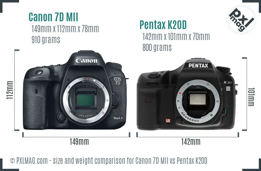 Canon 7D MII vs Pentax K20D size comparison
