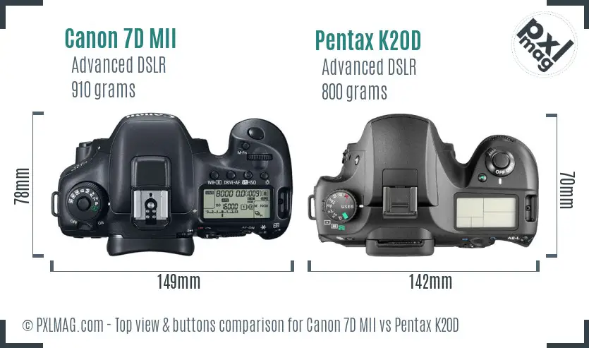 Canon 7D MII vs Pentax K20D top view buttons comparison