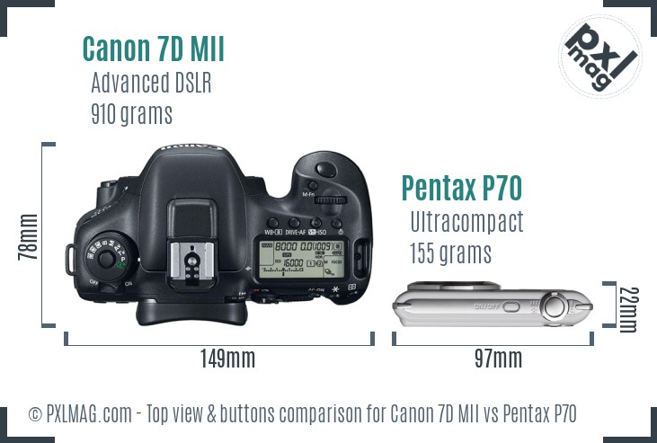 Canon 7D MII vs Pentax P70 top view buttons comparison