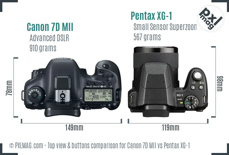 Canon 7D MII vs Pentax XG-1 top view buttons comparison