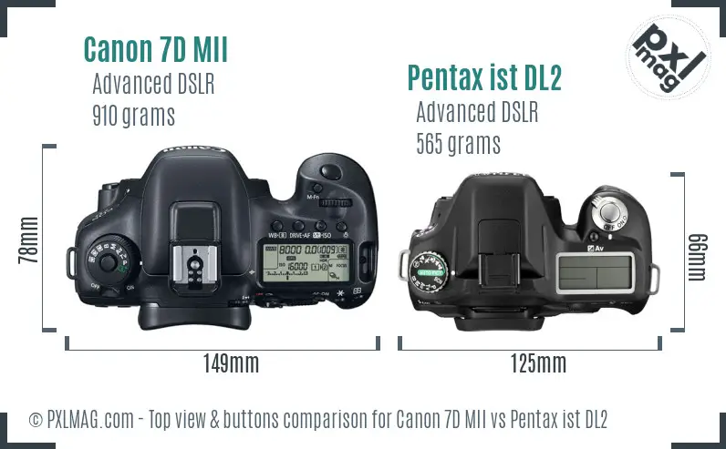 Canon 7D MII vs Pentax ist DL2 top view buttons comparison