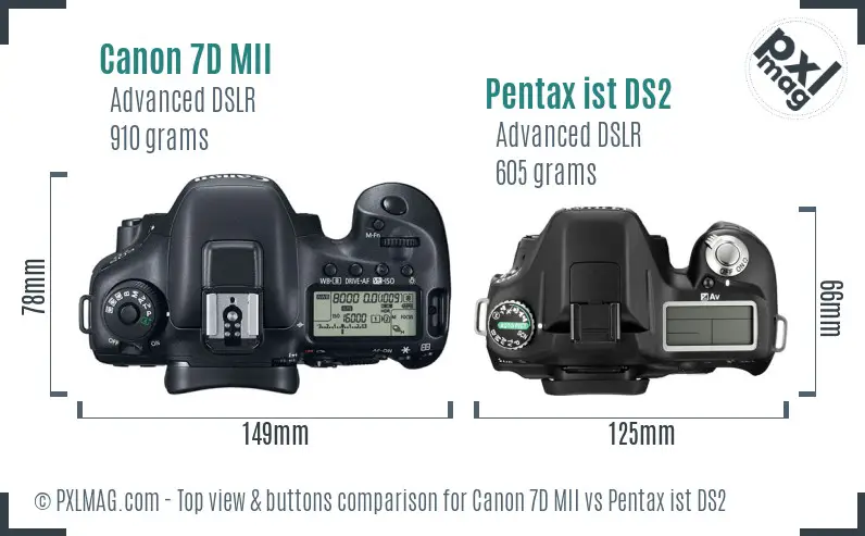 Canon 7D MII vs Pentax ist DS2 top view buttons comparison