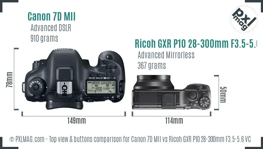 Canon 7D MII vs Ricoh GXR P10 28-300mm F3.5-5.6 VC top view buttons comparison