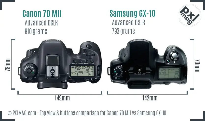 Canon 7D MII vs Samsung GX-10 top view buttons comparison