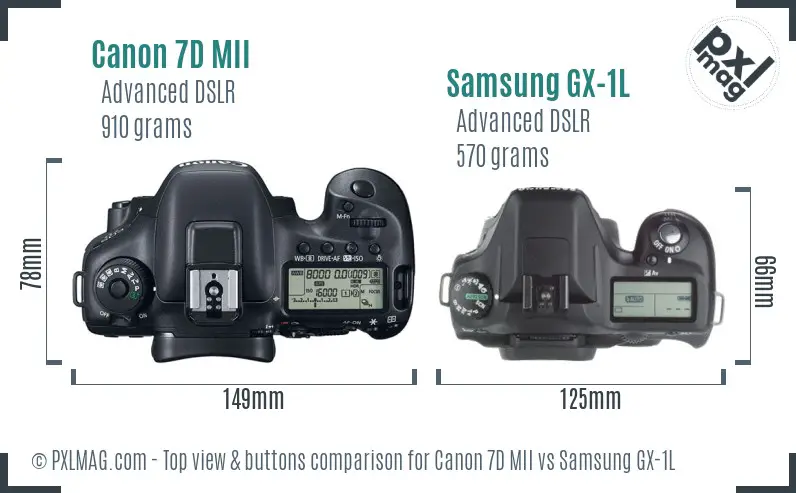 Canon 7D MII vs Samsung GX-1L top view buttons comparison