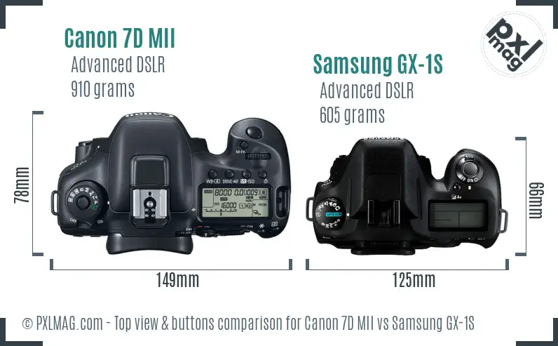 Canon 7D MII vs Samsung GX-1S top view buttons comparison