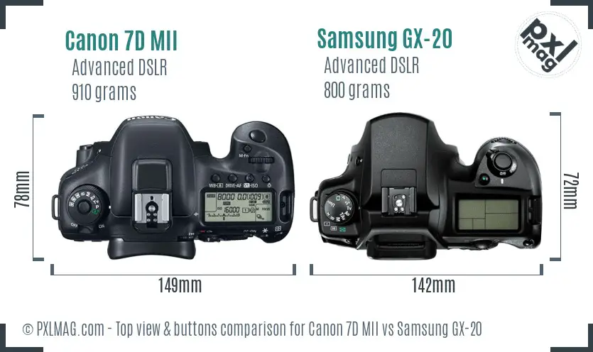 Canon 7D MII vs Samsung GX-20 top view buttons comparison