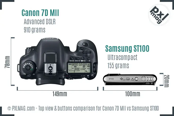 Canon 7D MII vs Samsung ST100 top view buttons comparison Canon 7D MII vs Samsung ST100 top view buttons comparison