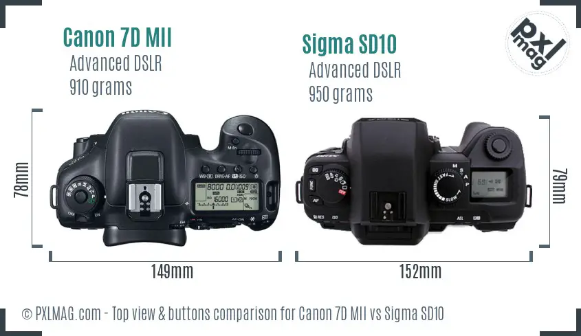 Canon 7D MII vs Sigma SD10 top view buttons comparison