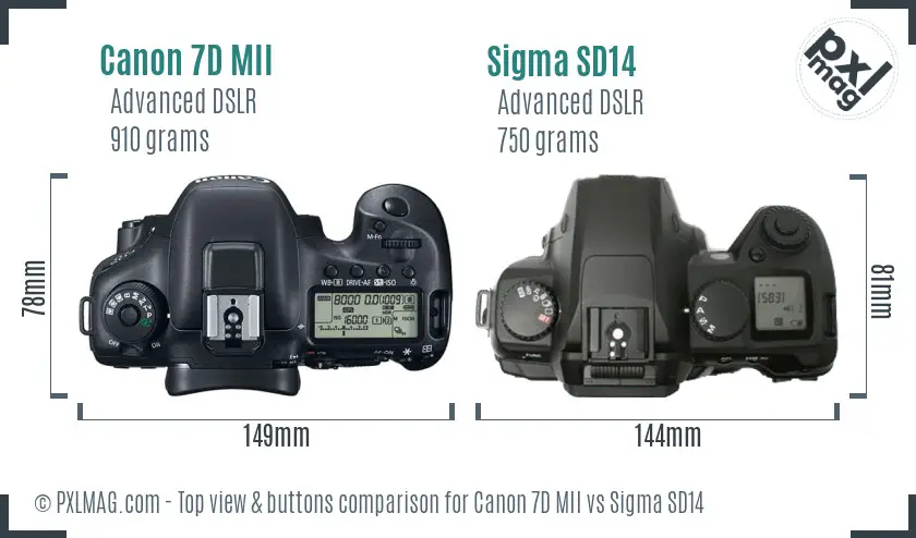 Canon 7D MII vs Sigma SD14 top view buttons comparison