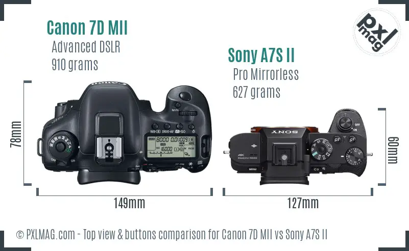 Canon 7D MII vs Sony A7S II top view buttons comparison
