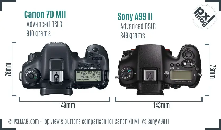Canon 7D MII vs Sony A99 II top view buttons comparison