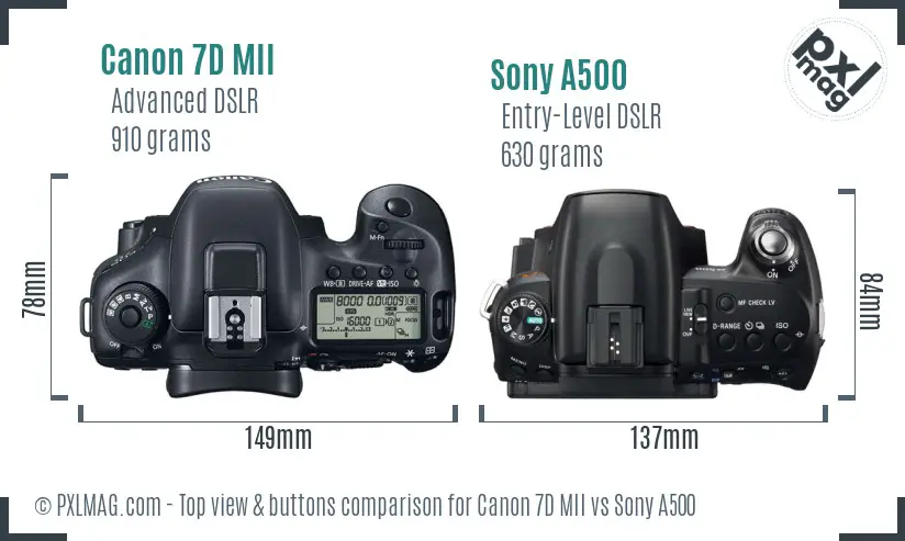 Canon 7D MII vs Sony A500 top view buttons comparison