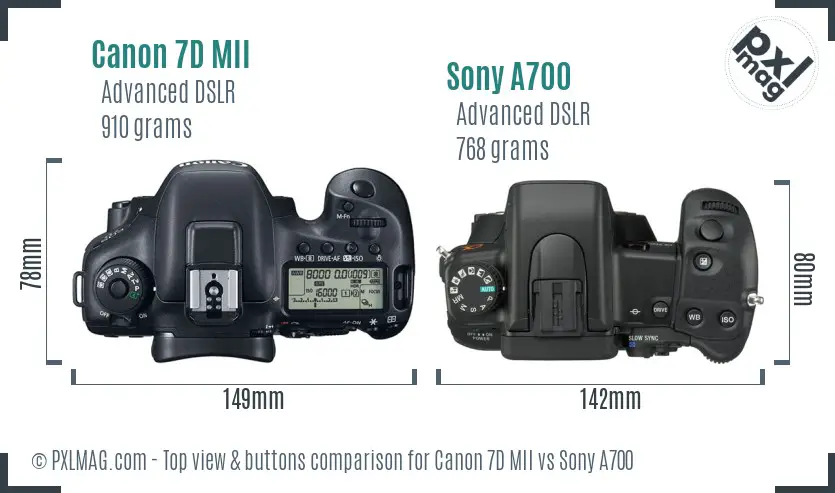 Canon 7D MII vs Sony A700 top view buttons comparison