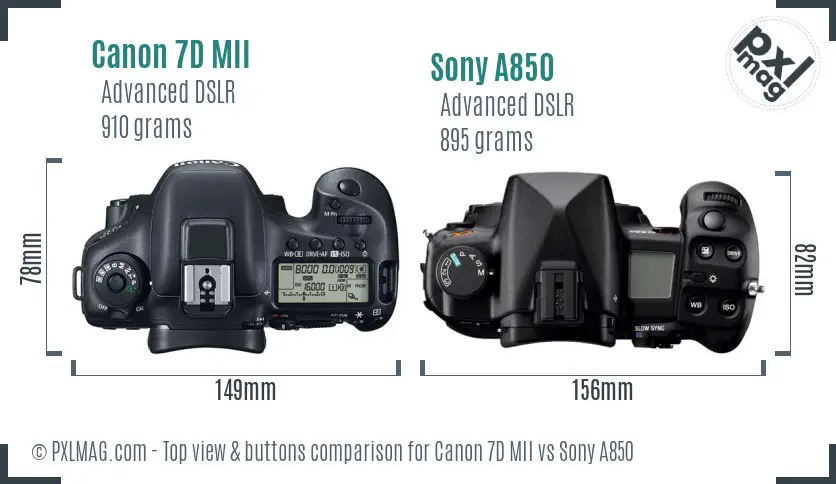 Canon 7D MII vs Sony A850 top view buttons comparison