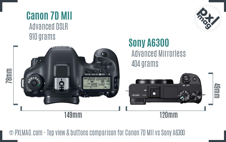 Canon 7D MII vs Sony A6300 top view buttons comparison