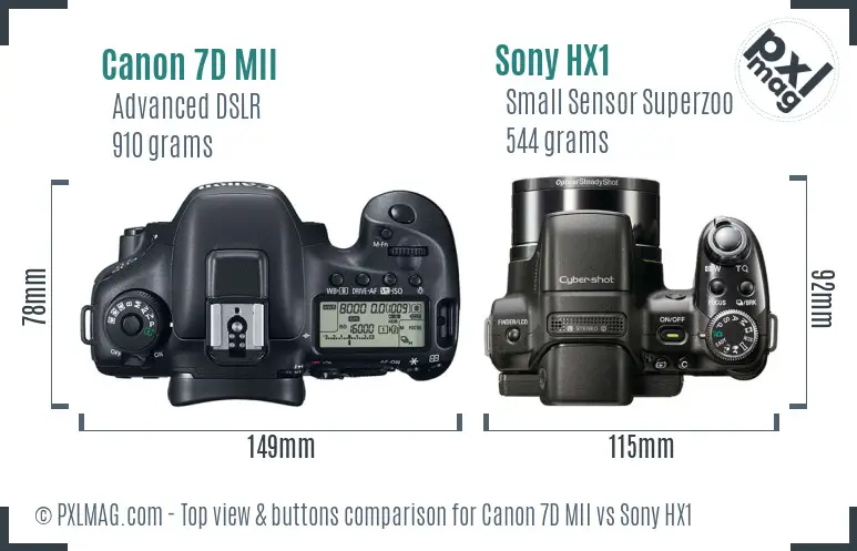 Canon 7D MII vs Sony HX1 top view buttons comparison
