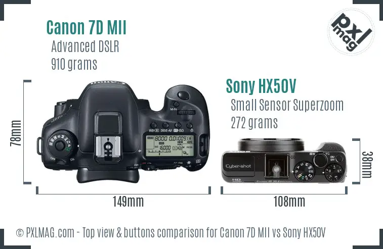 Canon 7D MII vs Sony HX50V top view buttons comparison