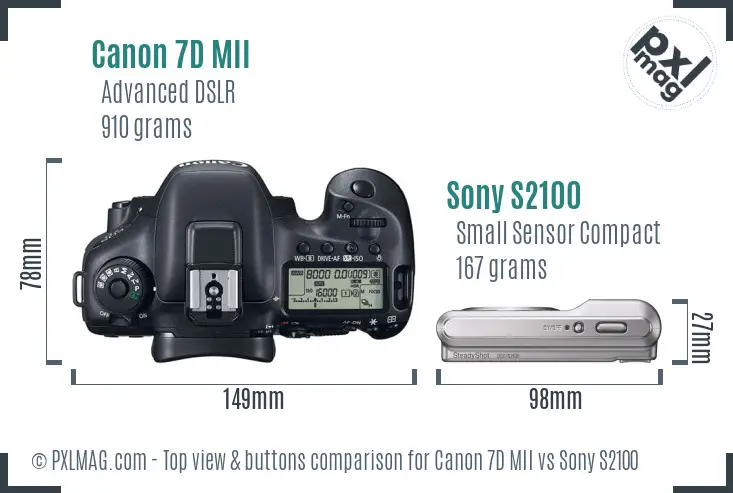 Canon 7D MII vs Sony S2100 top view buttons comparison
