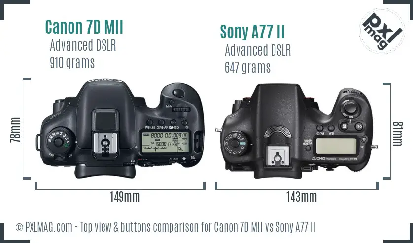 Canon 7D MII vs Sony A77 II top view buttons comparison