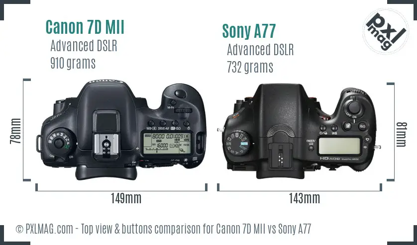 Canon 7D MII vs Sony A77 top view buttons comparison