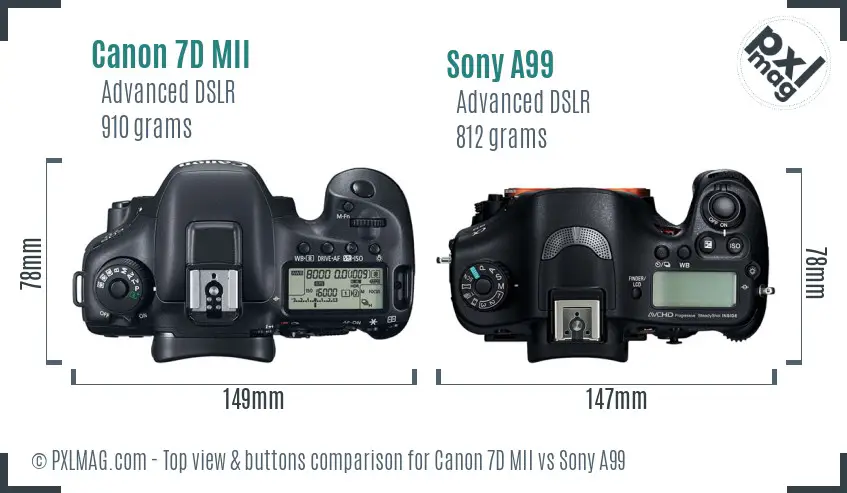 Canon 7D MII vs Sony A99 top view buttons comparison