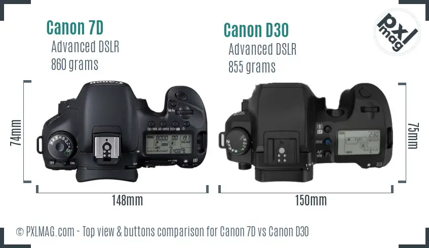 Canon 7D vs Canon D30 top view buttons comparison