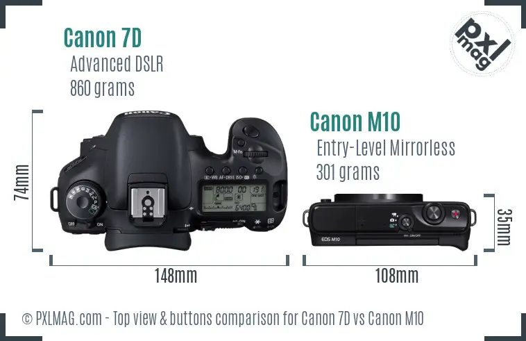 Canon 7D vs Canon M10 top view buttons comparison Canon 7D vs Canon M10 top view buttons comparison