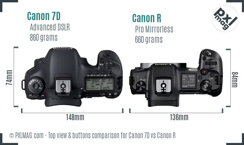 Canon 7D vs Canon R top view buttons comparison Canon 7D vs Canon R top view buttons comparison