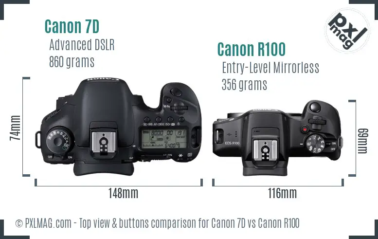 Canon 7D vs Canon R100 top view buttons comparison