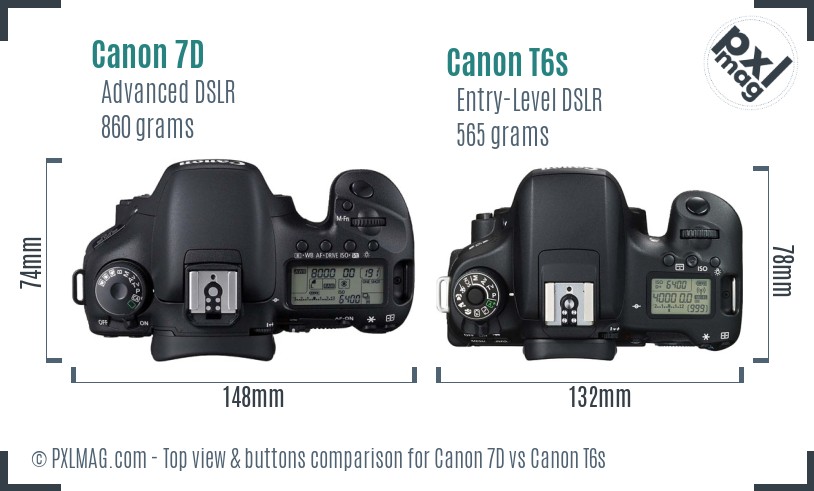 Canon 7D vs Canon T6s top view buttons comparison