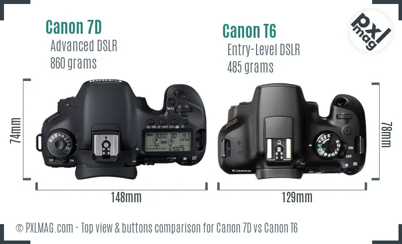 Canon 7D vs Canon T6 top view buttons comparison