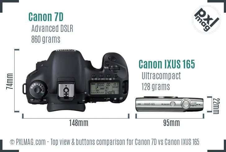 Canon 7D vs Canon IXUS 165 top view buttons comparison