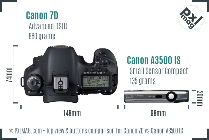 Canon 7D vs Canon A3500 IS top view buttons comparison