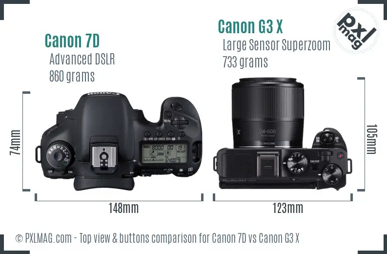 Canon 7D vs Canon G3 X top view buttons comparison